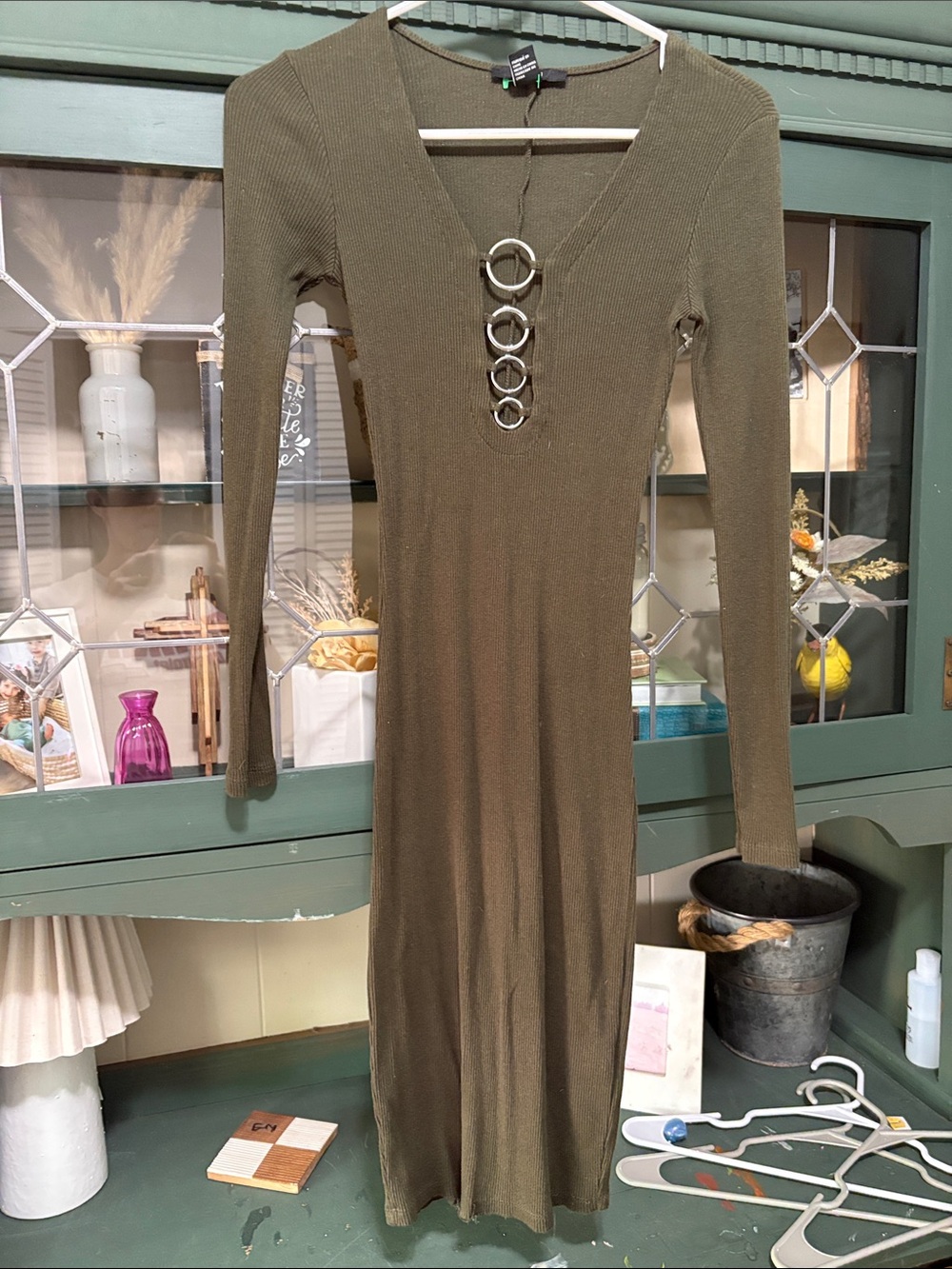 Forever 21 Olive Green Long Sleeve Ring-Front Knit Dress